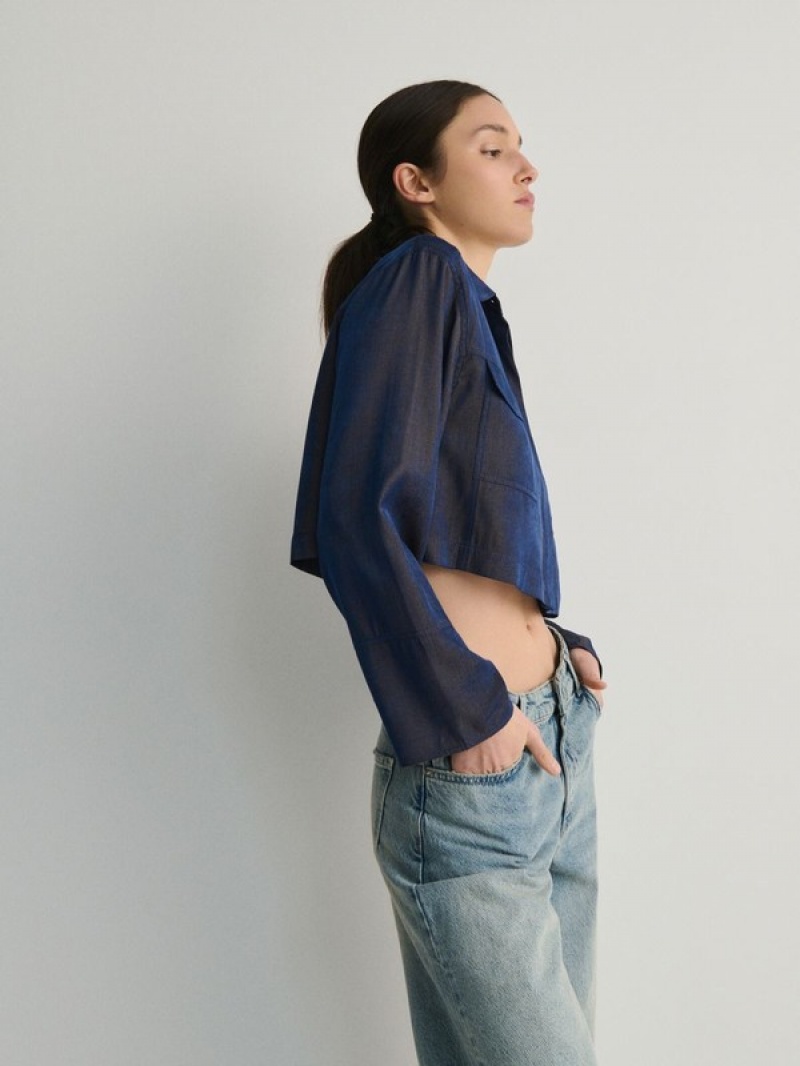 Navy Reserved Cropped Satin Women's Shirts | UPHK-45910