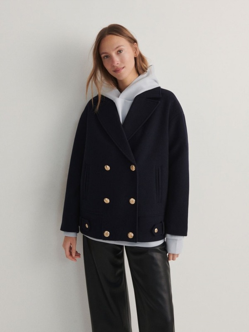 Navy Reserved Croppedwool Blend Women's Coats | ESTD-57824