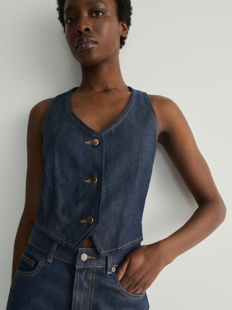 Navy Reserved Denim Women's Vest | ECVB-95017