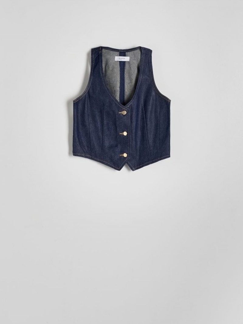 Navy Reserved Denim Women's Vest | ECVB-95017