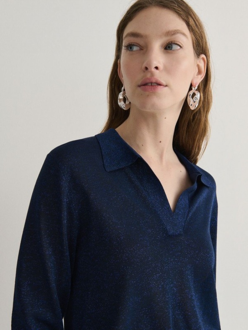 Navy Reserved Glittery Viscose Rich Women's Sweaters | YJMQ-67015