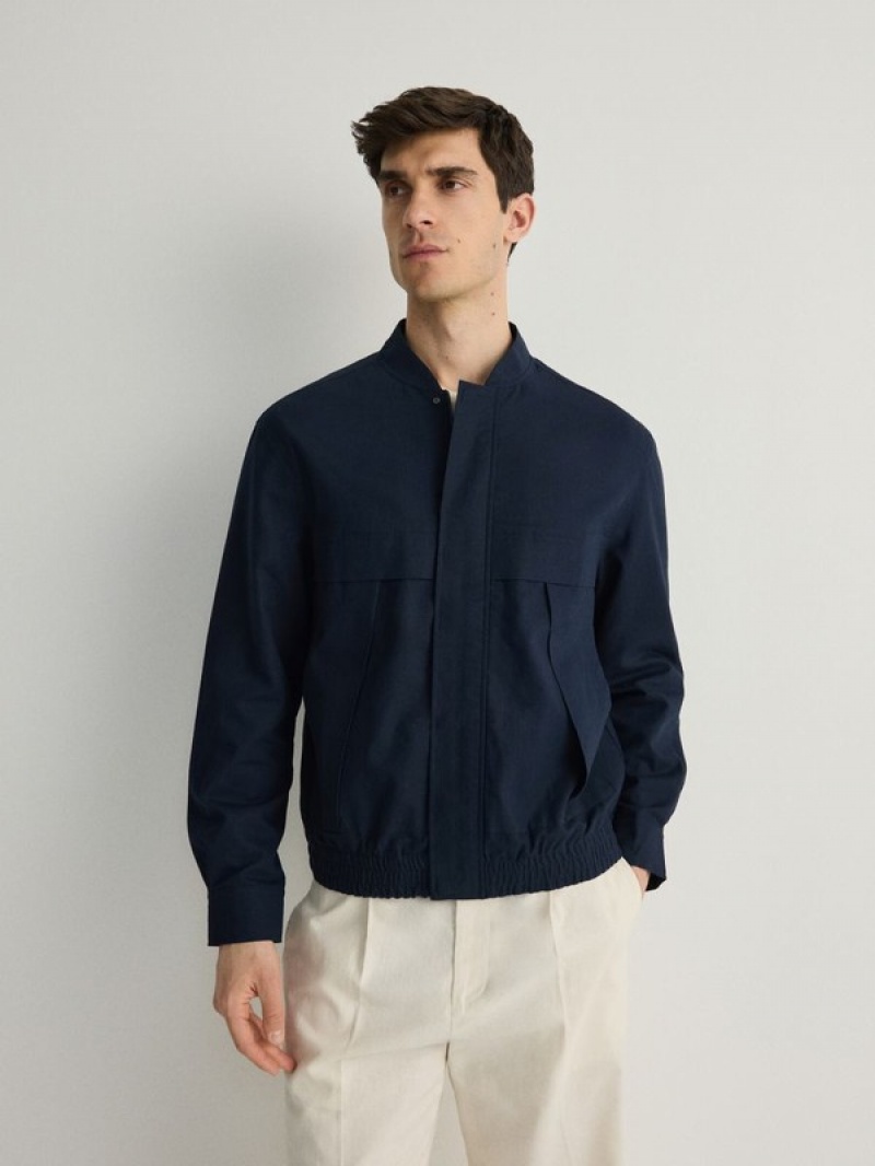 Navy Reserved Linen Rich Bomber Men's Jackets | VETO-68093