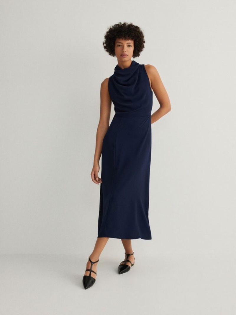 Navy Reserved Midi Halter Women's Dress | VFOE-95184