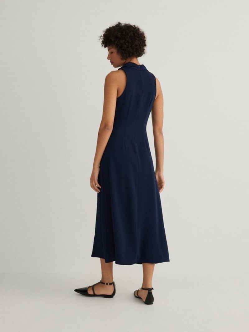 Navy Reserved Midi Halter Women's Dress | VFOE-95184