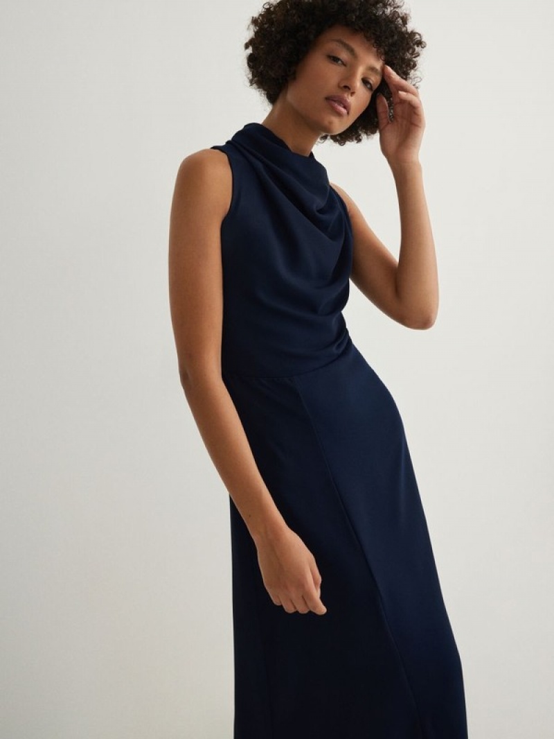 Navy Reserved Midi Halter Women\'s Dress | VFOE-95184