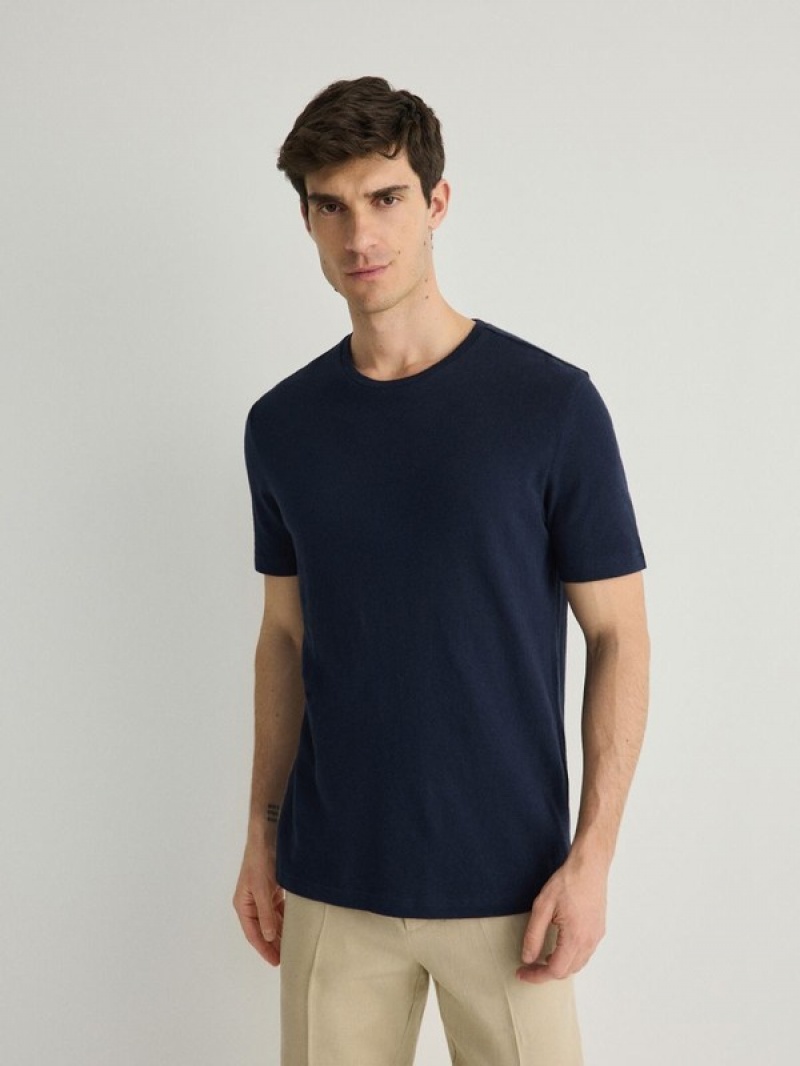 Navy Reserved Regular Fit T-linen Blend Men's T-shirts | QYSF-46031