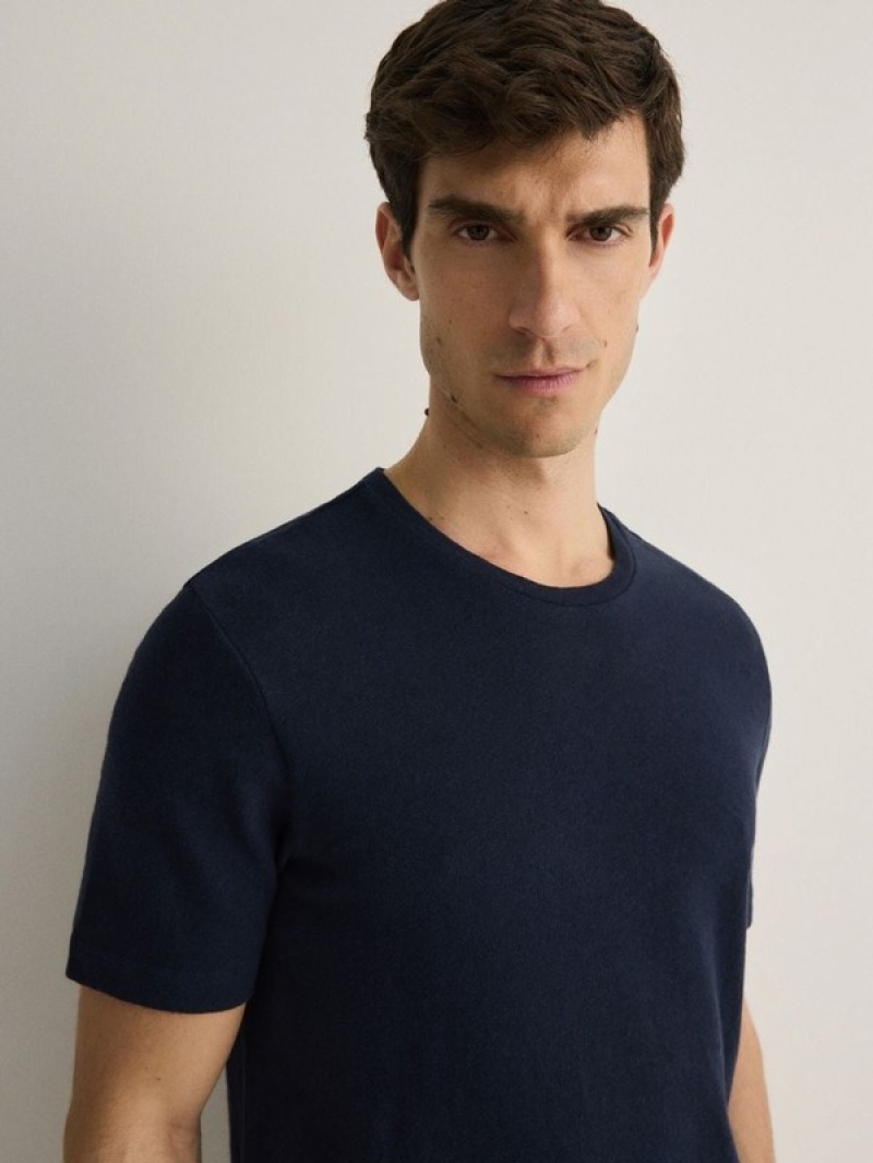 Navy Reserved Regular Fit T-linen Blend Men's T-shirts | QYSF-46031