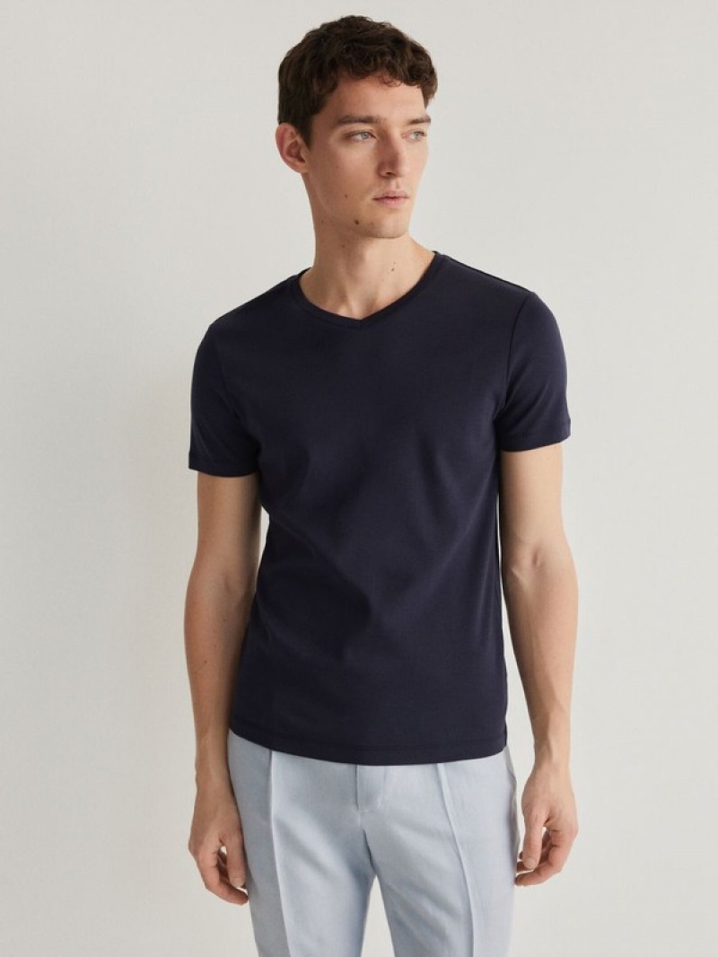 Navy Reserved Slim Fit V-neck Men's T-shirts | GARY-87923