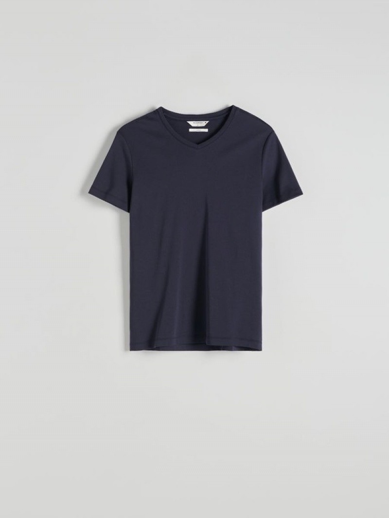 Navy Reserved Slim Fit V-neck Men's T-shirts | GARY-87923