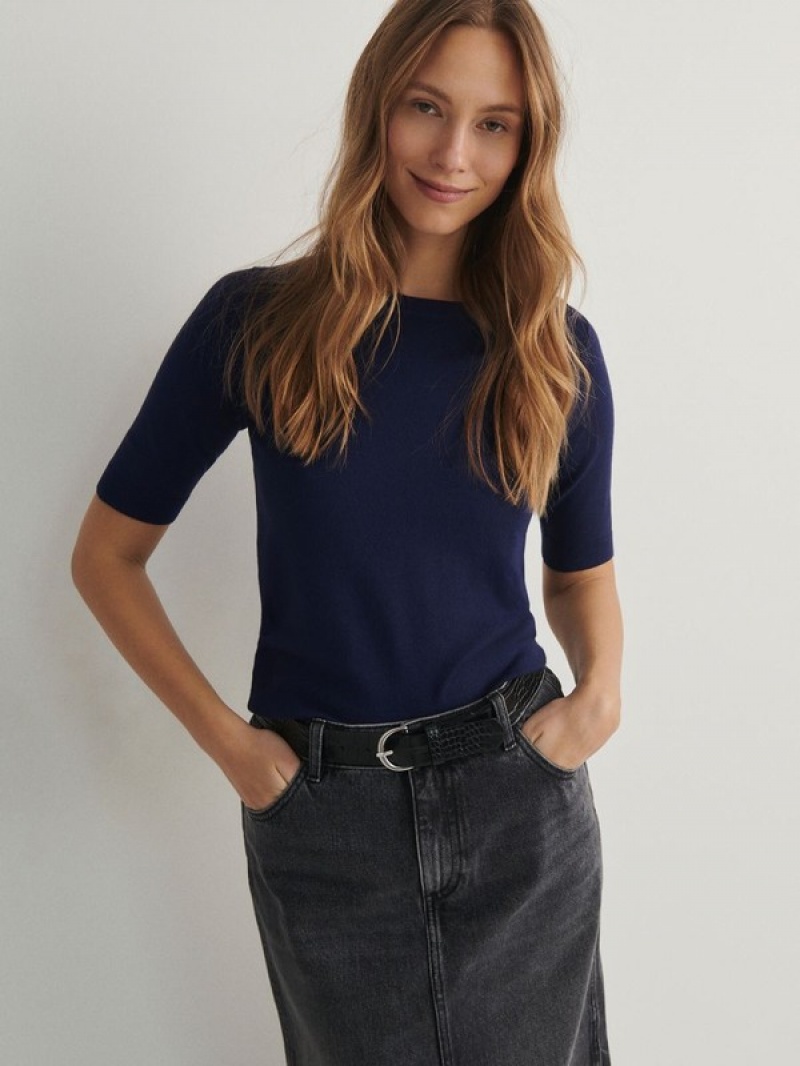 Navy Reserved Viscose Rich Top Women's Shirts | TVQX-03526