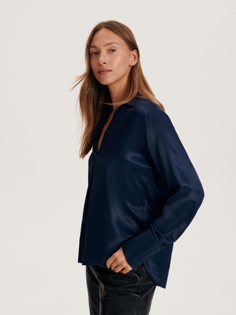 Navy Reserved Viscose Women's Shirts | JSWR-84053