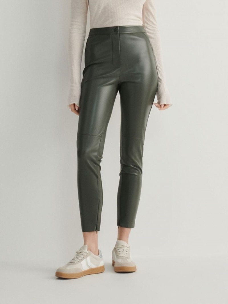 Olive Reserved Faux Leather Women's Trousers | WJZV-70691