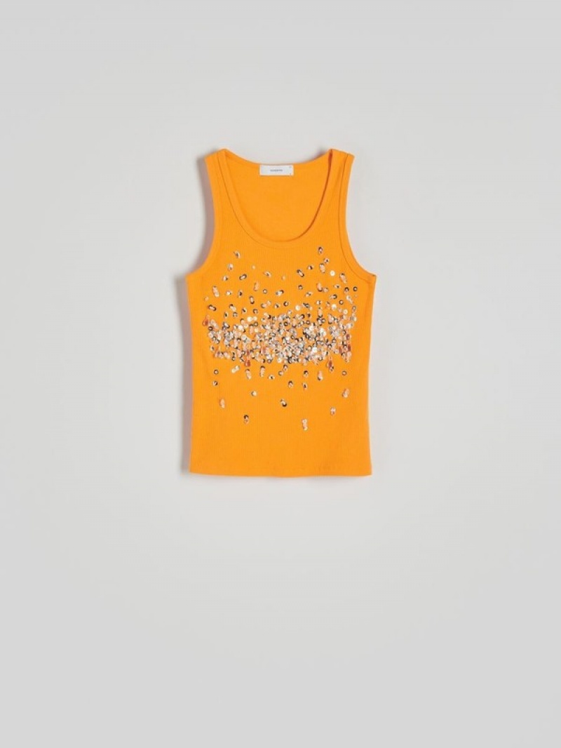 Orange Reserved Topshiny Appliqués Women's T-shirts | LFCG-62018