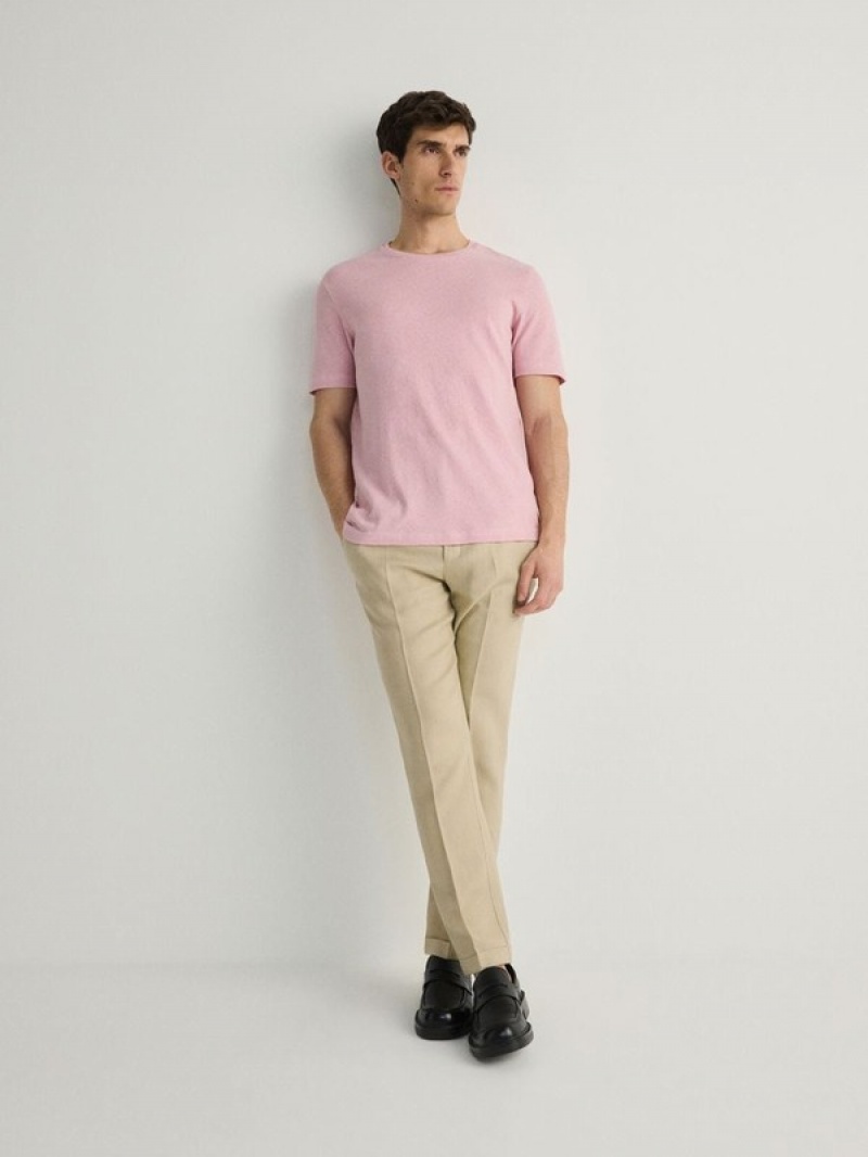 Pink Reserved Regular Fit T-linen Blend Men's T-shirts | RPBN-40825