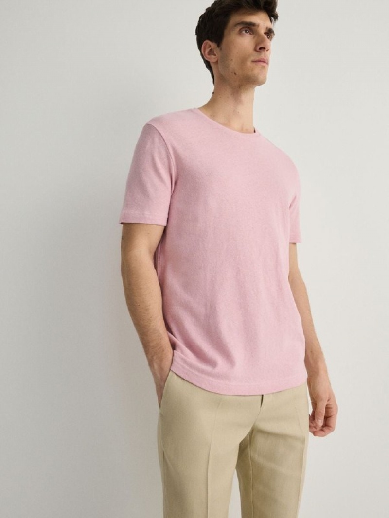 Pink Reserved Regular Fit T-linen Blend Men's T-shirts | RPBN-40825