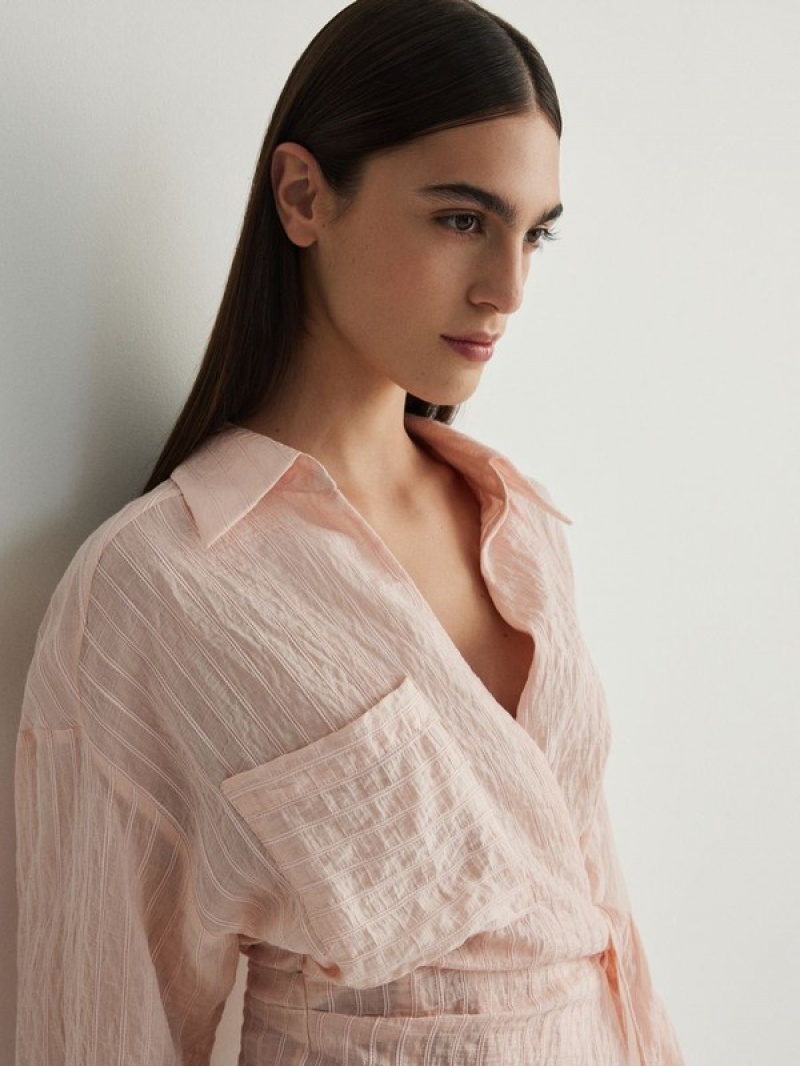 Pink Reserved Wrap Front Tie Detail Women's Shirts | PEGS-93027