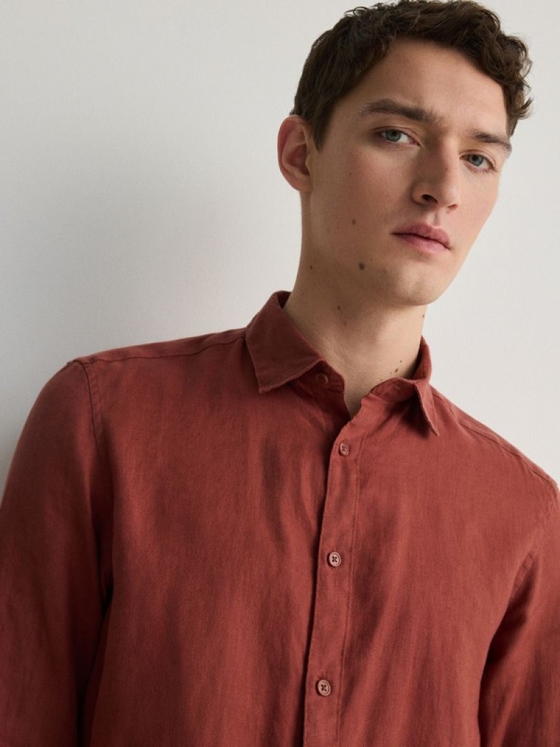 Red Reserved Regular Fit Linen Men's Shirts | MQDG-26835