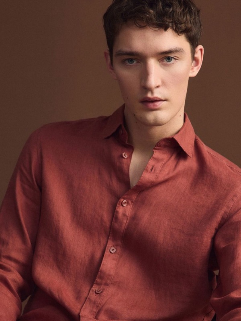 Red Reserved Regular Fit Linen Men's Shirts | MQDG-26835