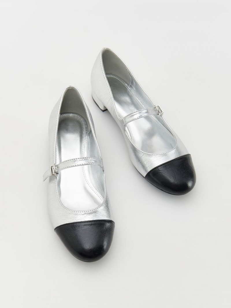 Silver Reserved Metallic Ballerina Women's Loafers | YUOS-95318