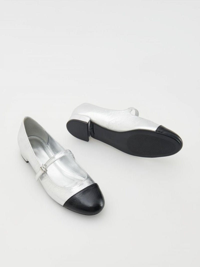 Silver Reserved Metallic Ballerina Women's Loafers | YUOS-95318