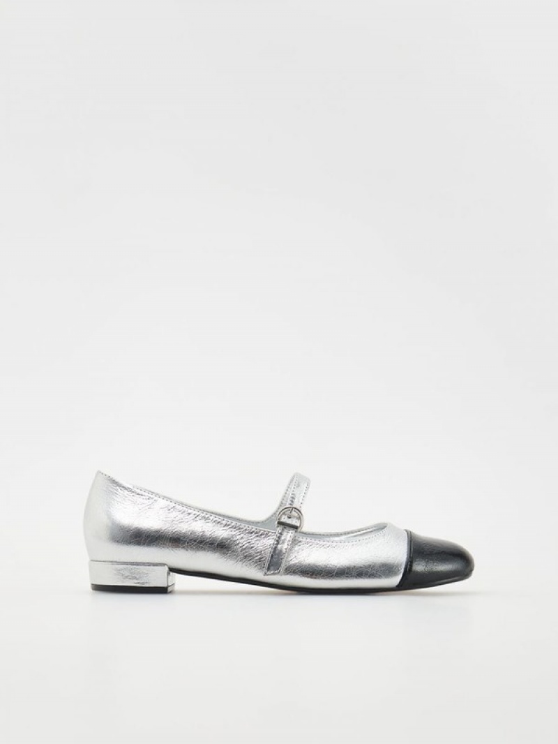 Silver Reserved Metallic Ballerina Women\'s Loafers | YUOS-95318