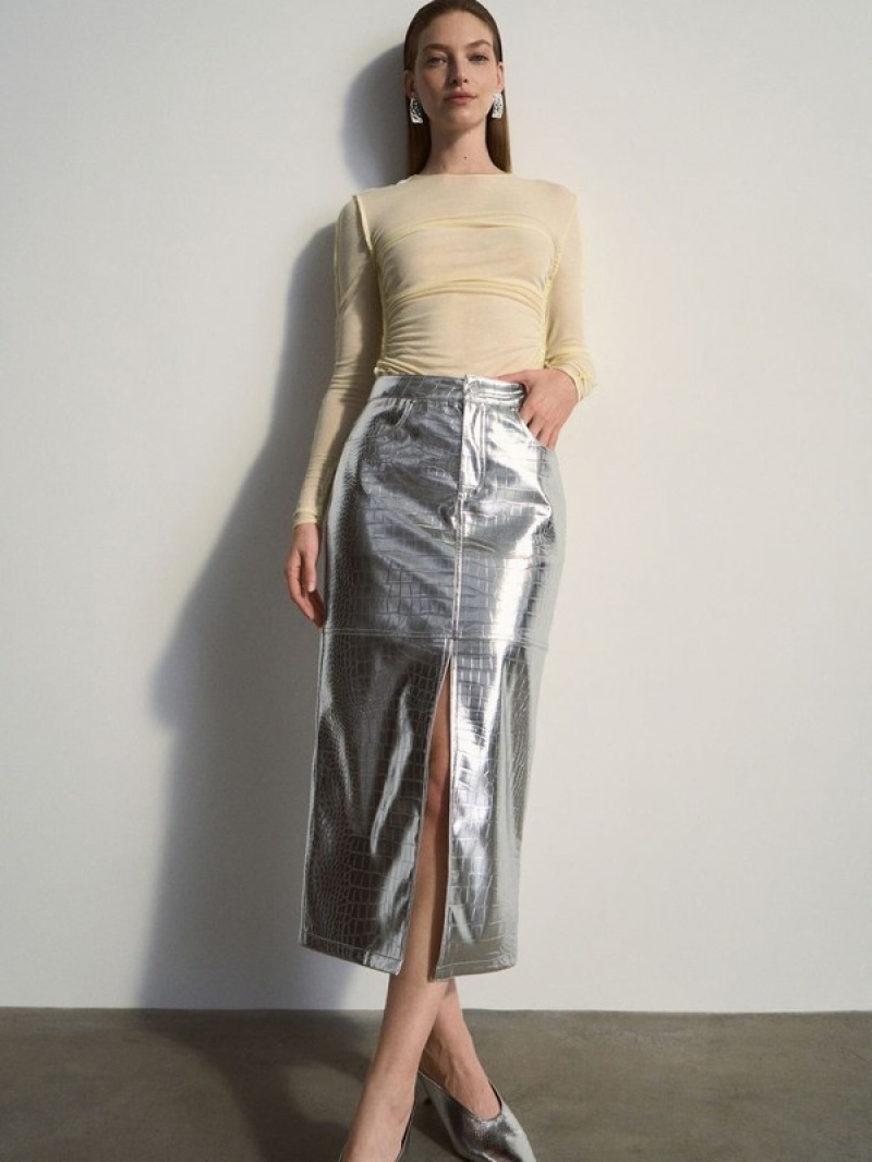 Silver Reserved Metallic Faux Leather Women's Skirts | ARPV-10459