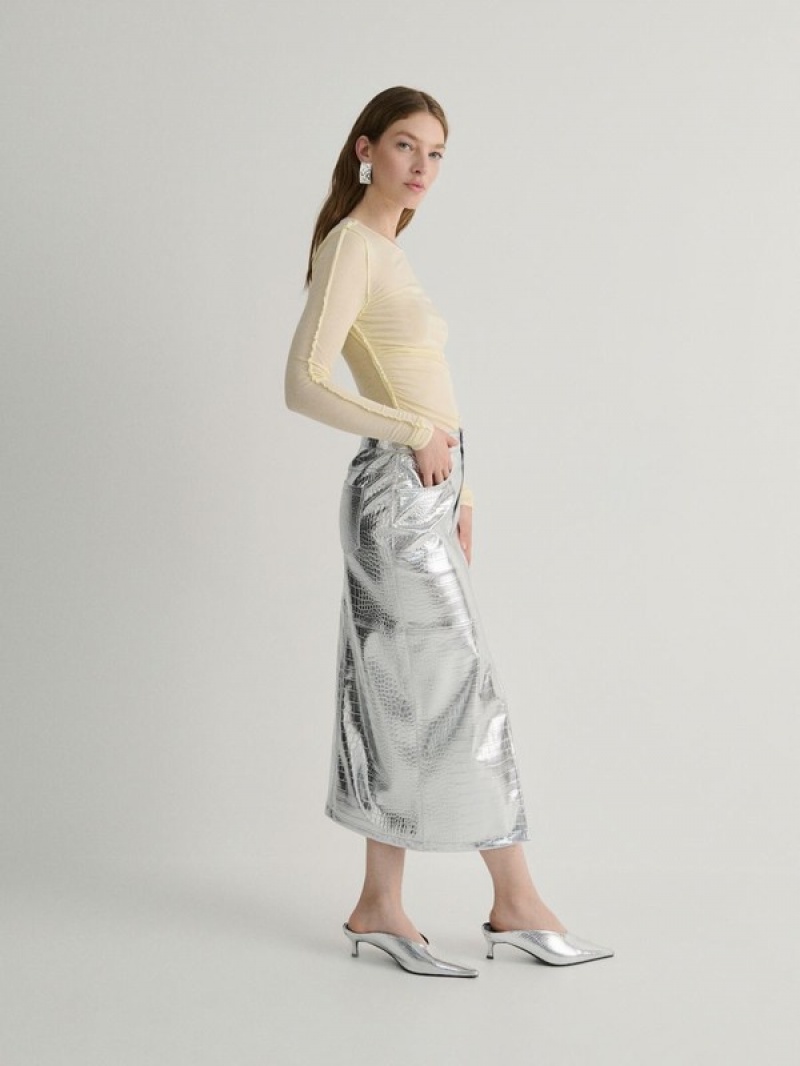 Silver Reserved Metallic Faux Leather Women's Skirts | ARPV-10459