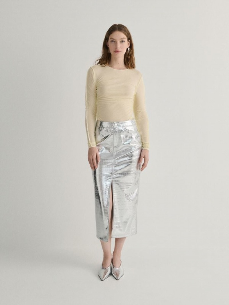 Silver Reserved Metallic Faux Leather Women's Skirts | ARPV-10459