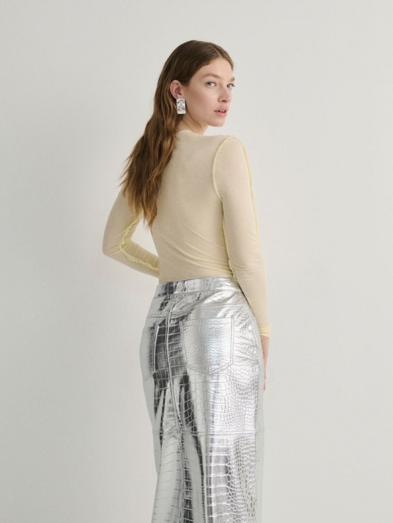 Silver Reserved Metallic Faux Leather Women's Skirts | ARPV-10459