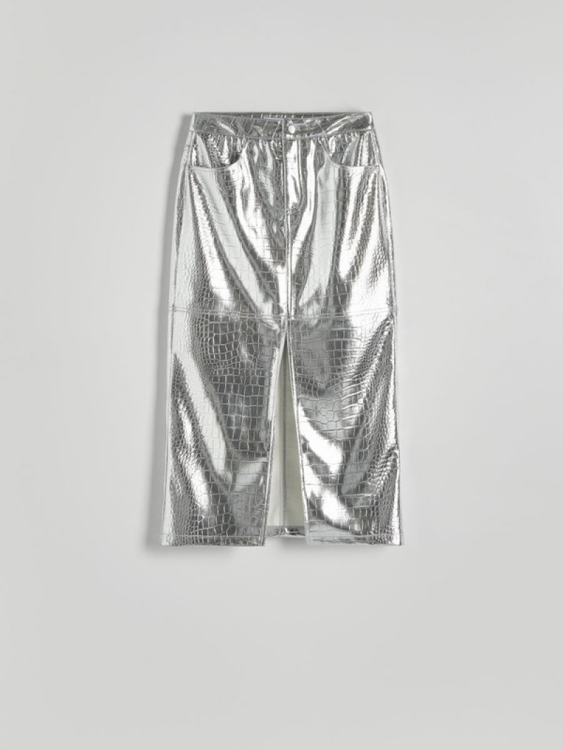 Silver Reserved Metallic Faux Leather Women's Skirts | ARPV-10459