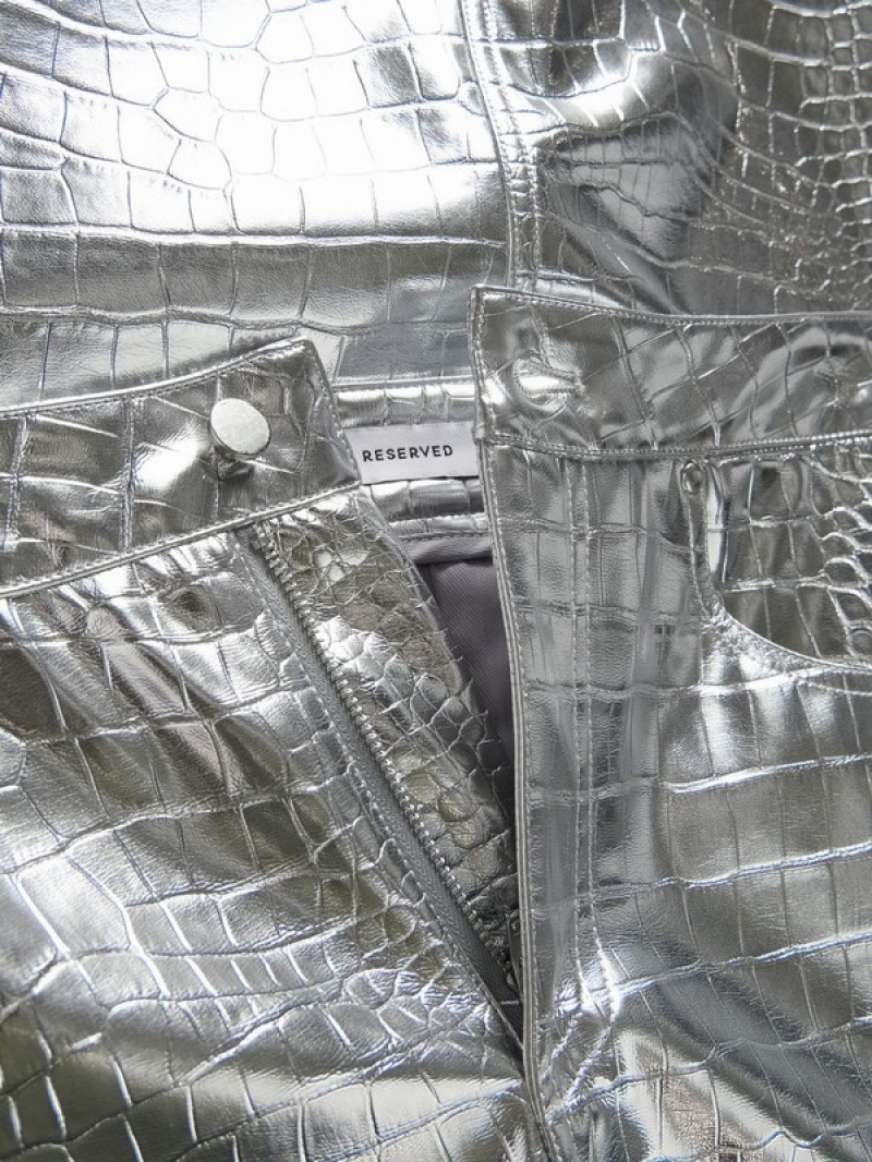 Silver Reserved Metallic Faux Leather Women's Skirts | ARPV-10459