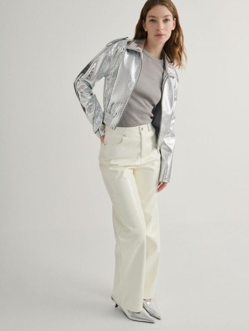 Silver Reserved Metallic Faux Leather Women's Jackets | SAUL-78254