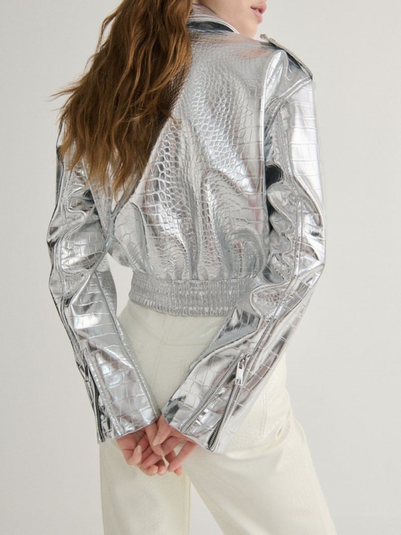 Silver Reserved Metallic Faux Leather Women's Jackets | SAUL-78254