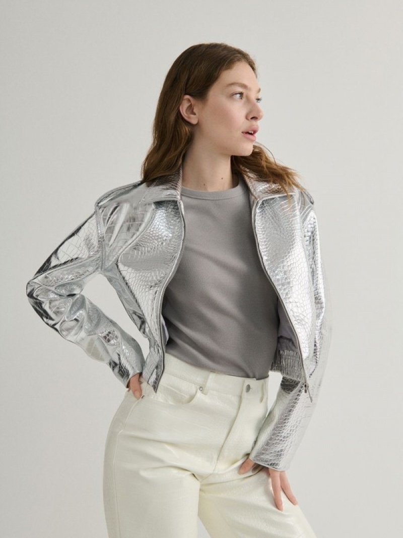 Silver Reserved Metallic Faux Leather Women's Jackets | SAUL-78254