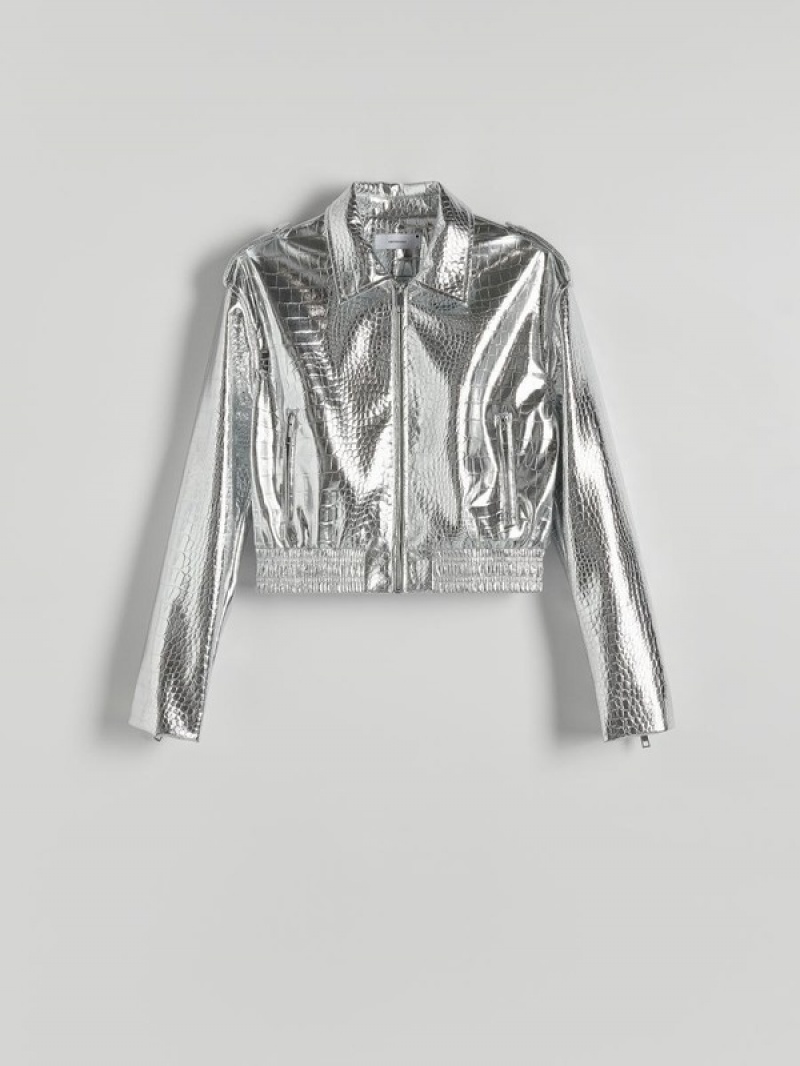 Silver Reserved Metallic Faux Leather Women's Jackets | SAUL-78254