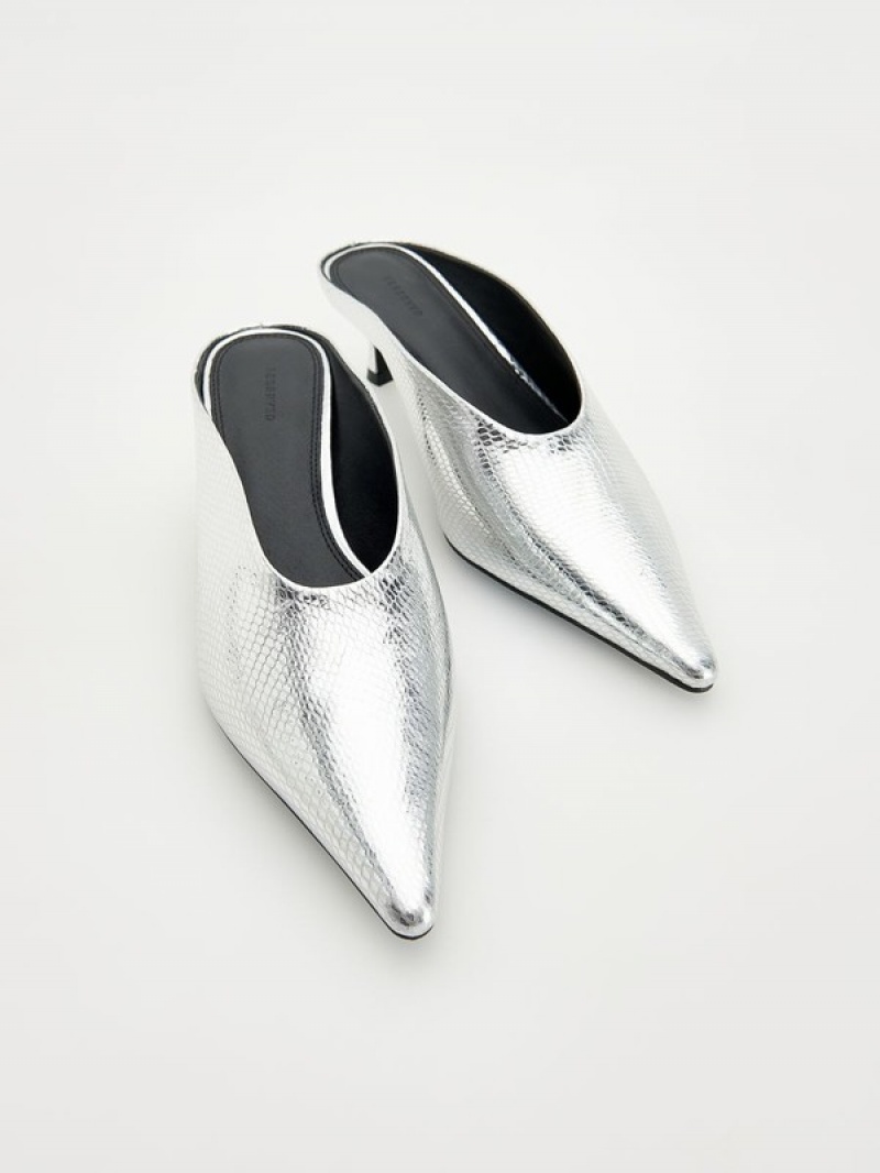 Silver Reserved Metallic Leather Mules Women's Heels | OGLR-29810