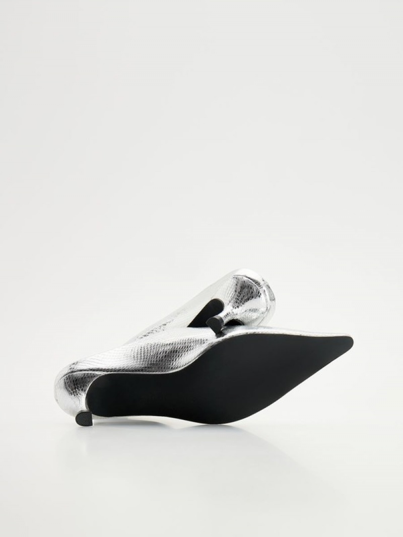 Silver Reserved Metallic Leather Mules Women's Heels | OGLR-29810