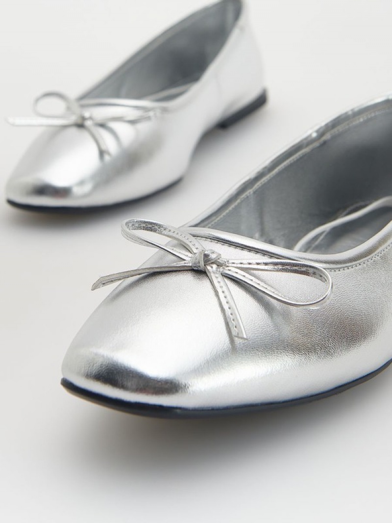 Silver Reserved Metallic Natural Leather Ballerinas Women's Loafers | LSRW-91237