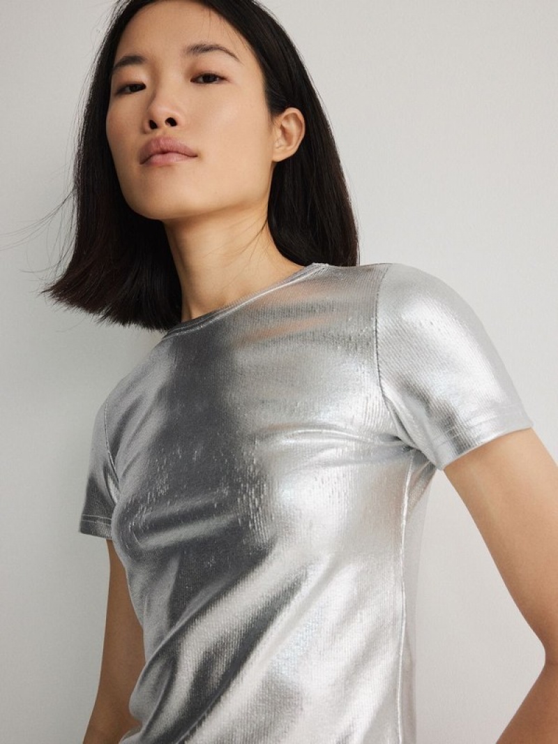 Silver Reserved Metallic Shine Women's Shirts | KMGY-02438