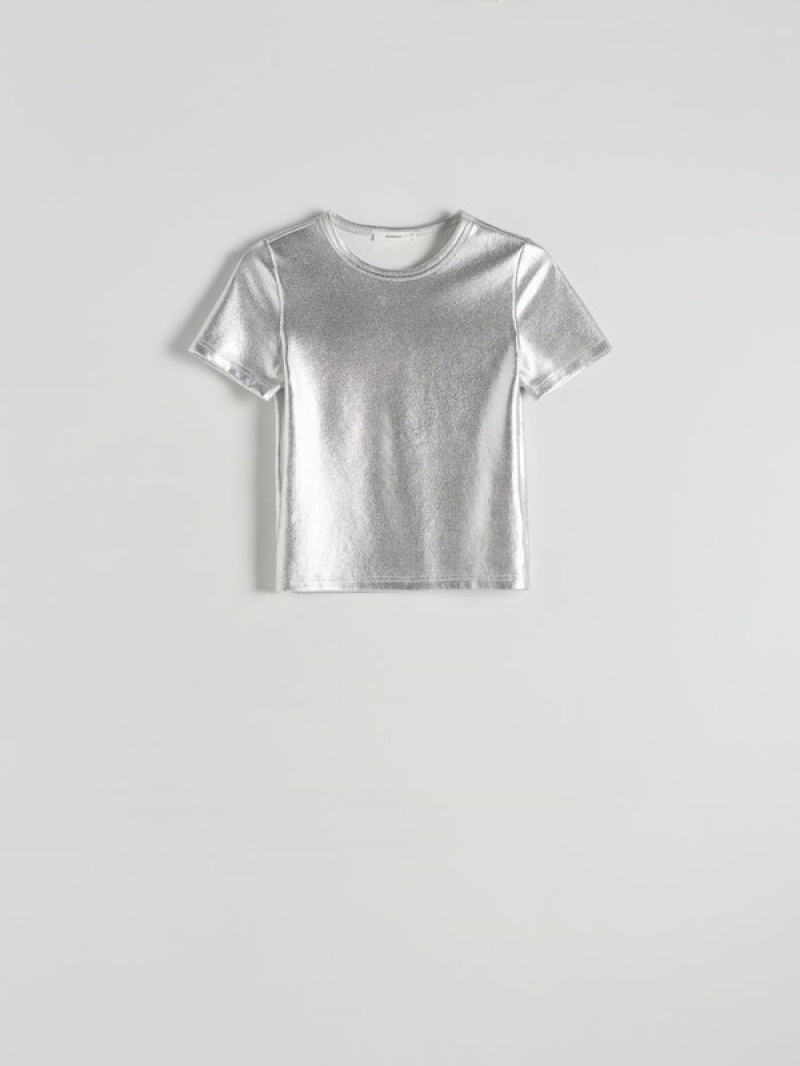 Silver Reserved Metallic Shine Women's Shirts | KMGY-02438