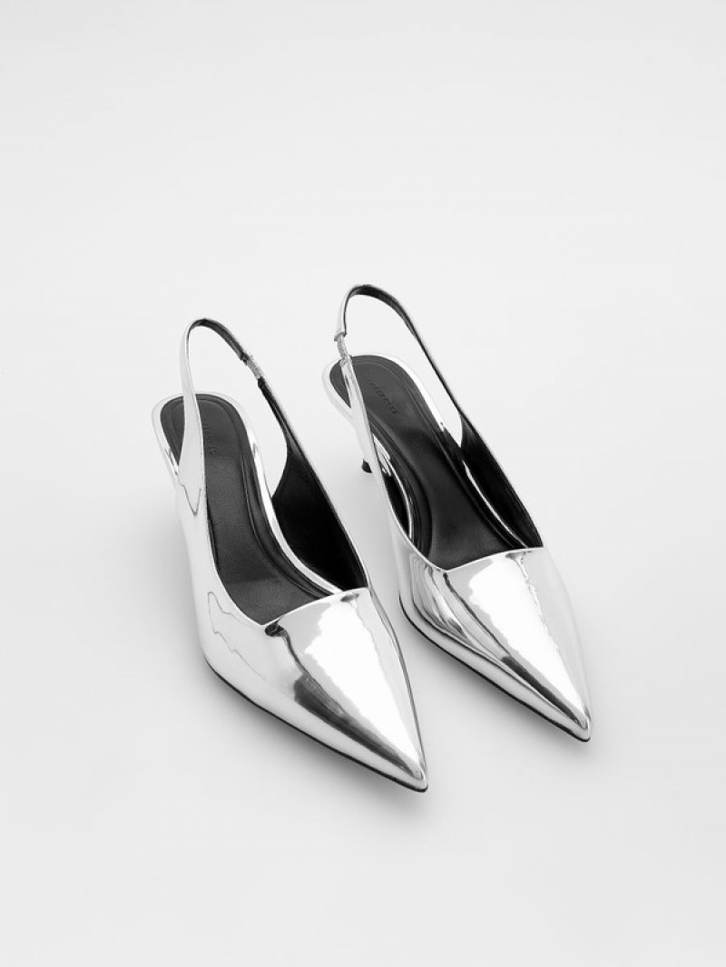 Silver Reserved Metallised Slingback Pumps Women's Heels | UQJI-52931