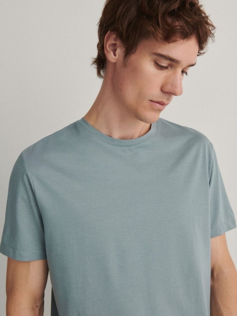 Turquoise Reserved Lyocell Blend Plain Men's T-shirts | GAVX-65893