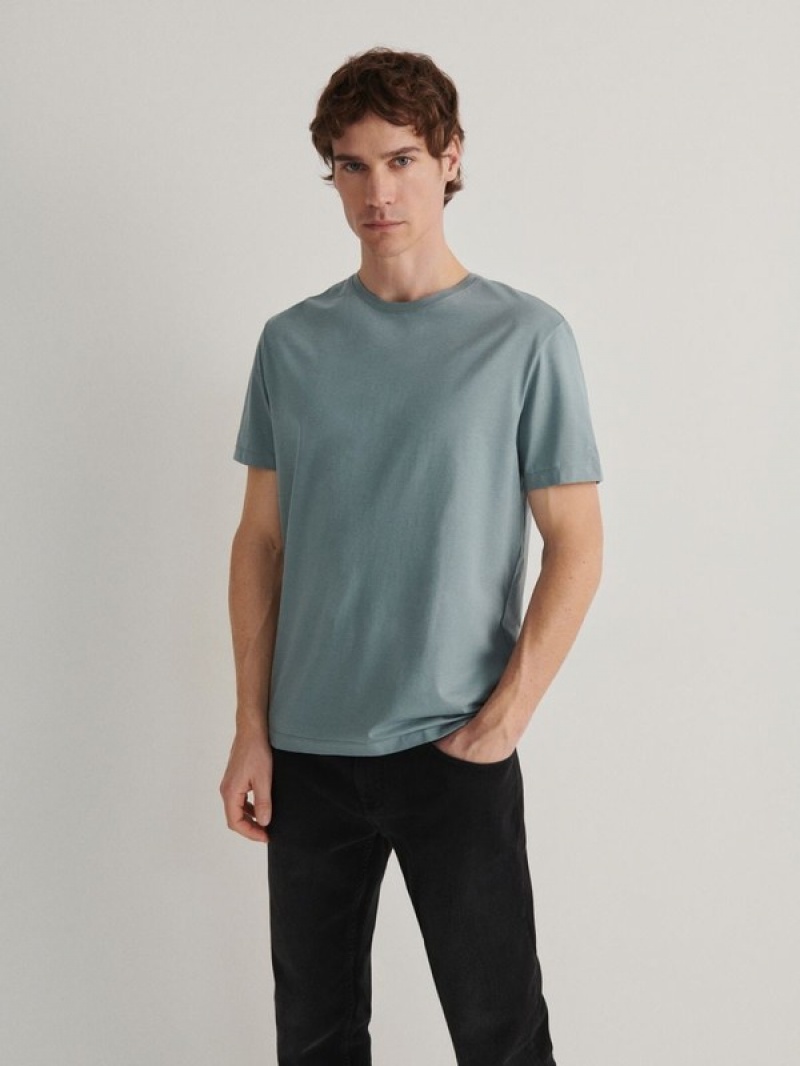 Turquoise Reserved Lyocell Blend Plain Men's T-shirts | GAVX-65893