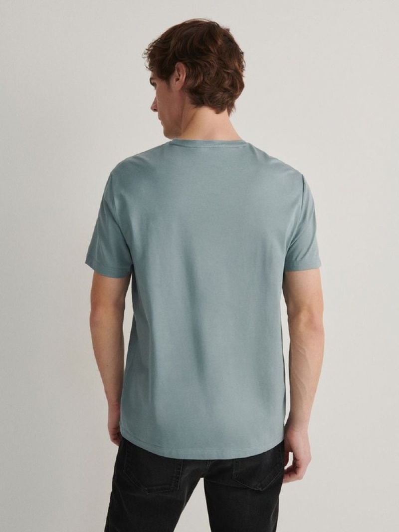 Turquoise Reserved Lyocell Blend Plain Men's T-shirts | GAVX-65893