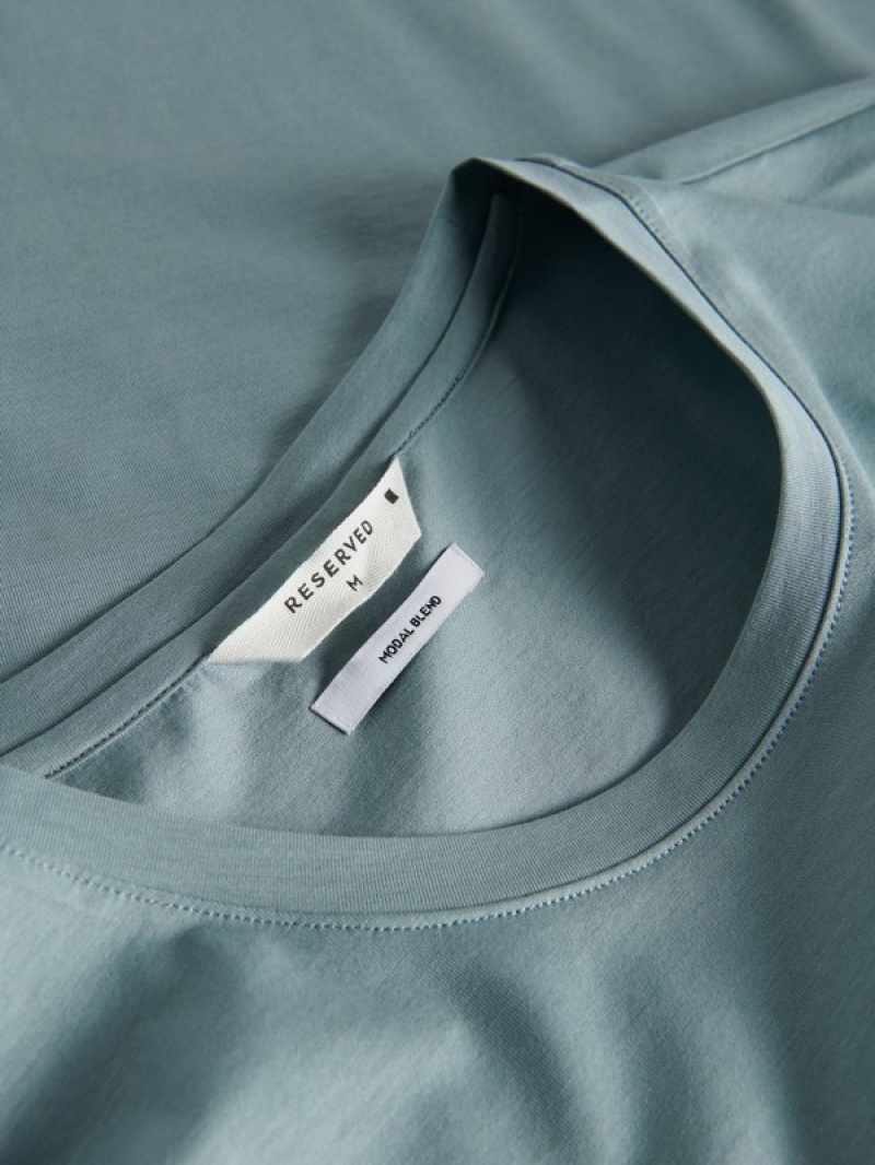 Turquoise Reserved Lyocell Blend Plain Men's T-shirts | GAVX-65893