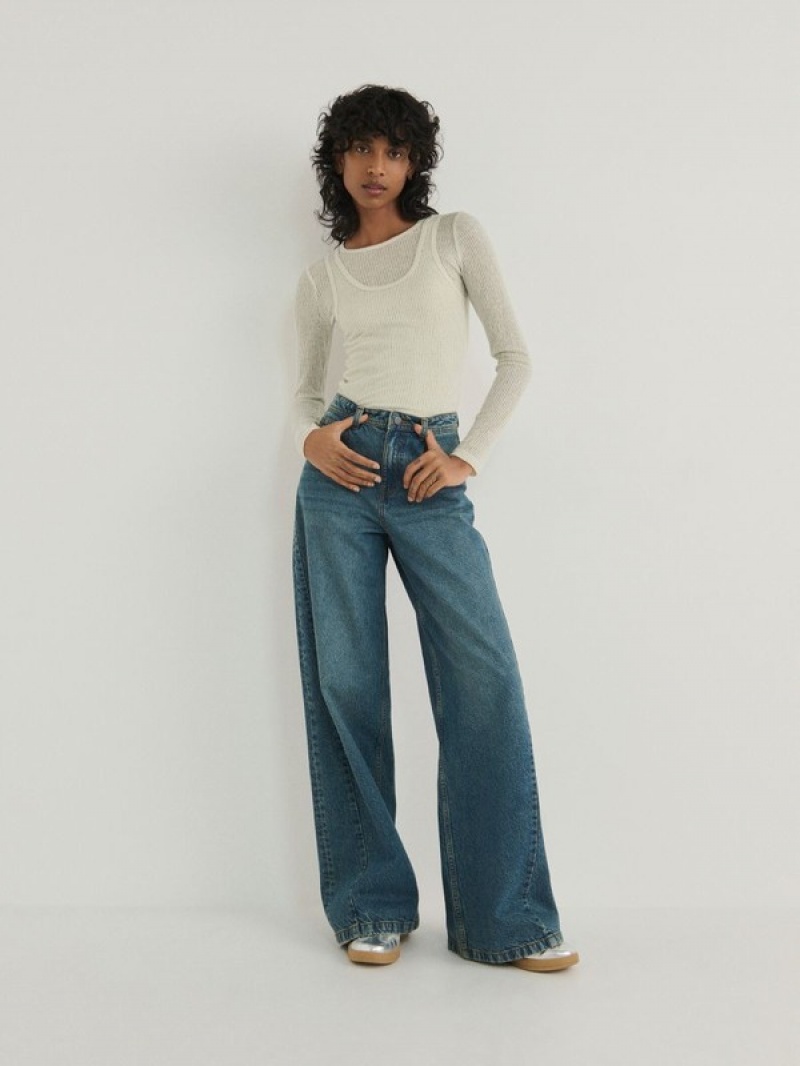 Turquoise Reserved Wide Leg Women's Jeans | JKSX-03725