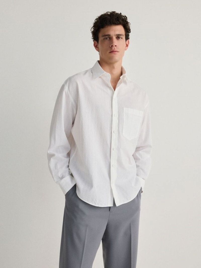 White Reserved Boxy Fit Men's Shirts | ANIK-86397