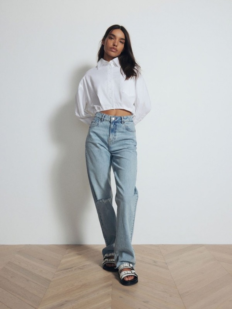 White Reserved Cropped Cotton Women's Shirts | ELPF-14752