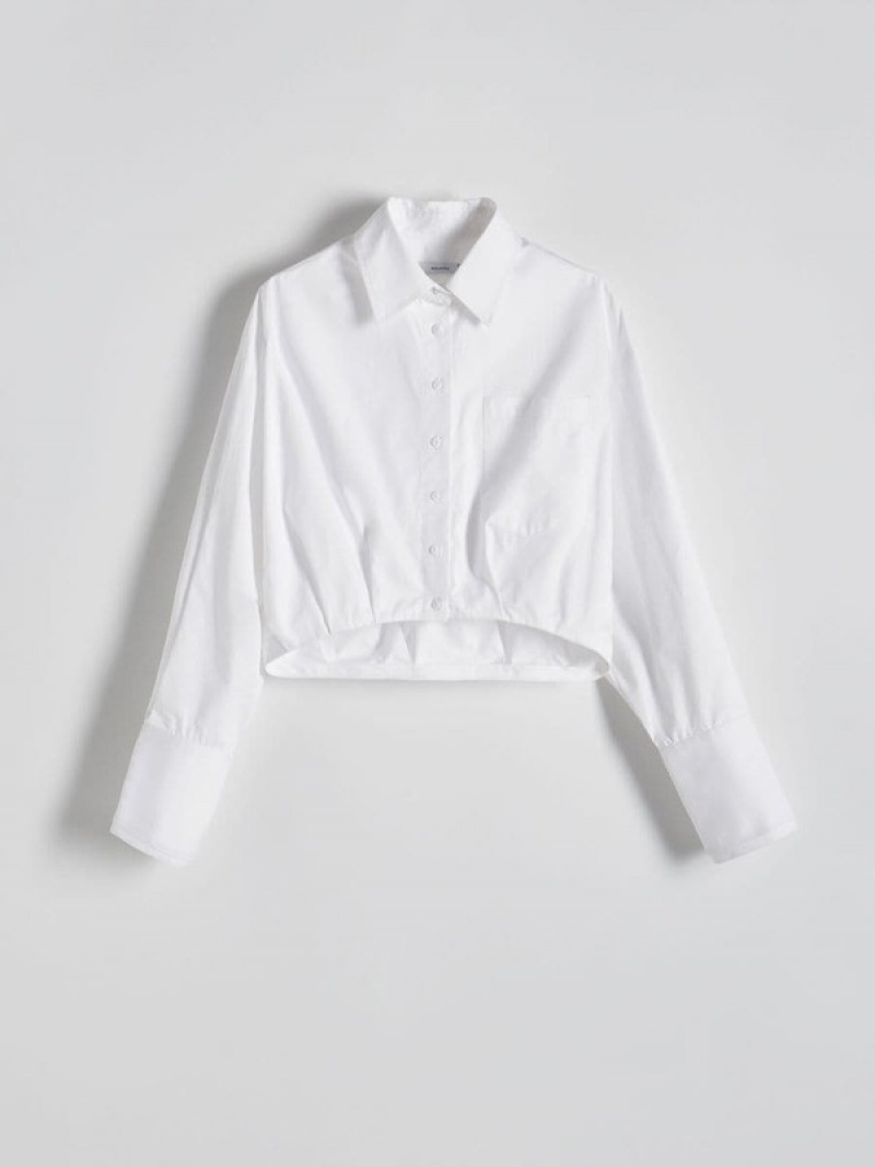 White Reserved Cropped Cotton Women's Shirts | ELPF-14752