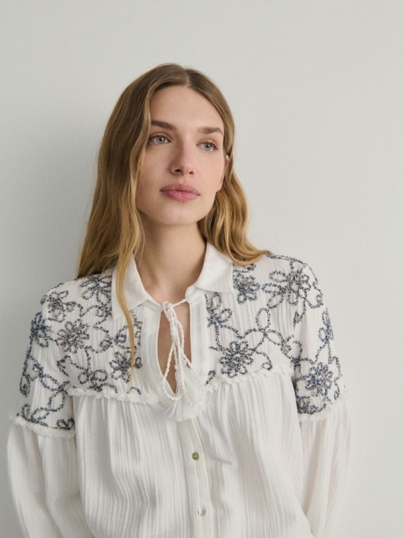 White Reserved Decorative Embroidery Women's Shirts | OLPY-26359